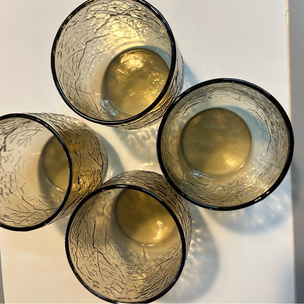 Vtg Anchor Hocking 4 Glasses spicy brown textured leaf embossed design - Picture 10 of 10